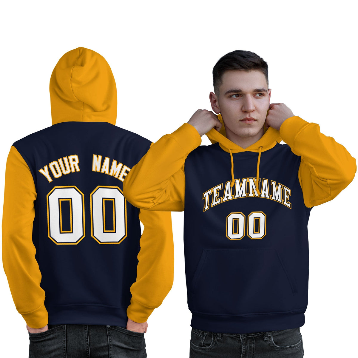 Custom Navy White-Gold Raglan Sleeves Pullover Personalized Sweatshirt Hoodie| KXKSHOP