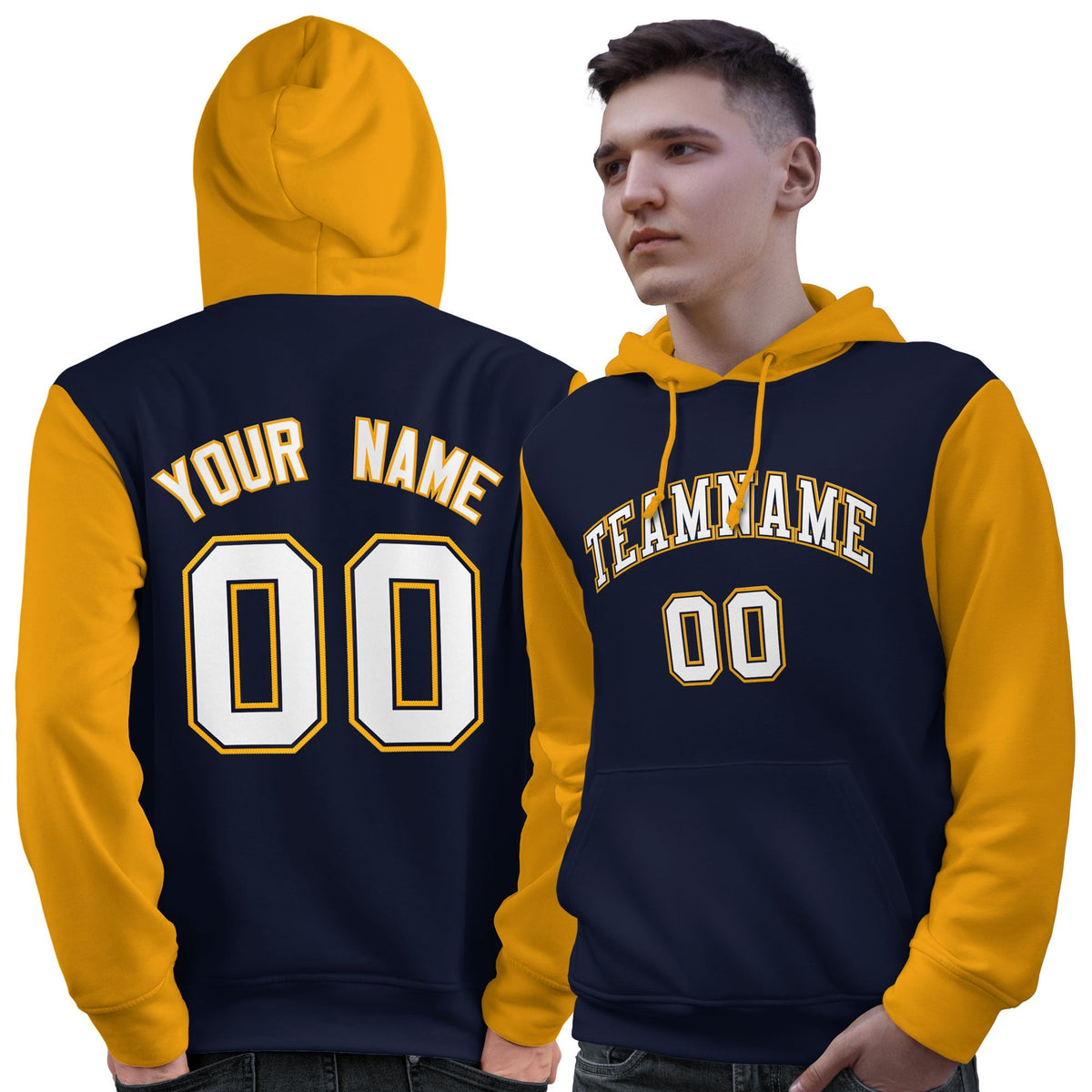 Custom Navy White-Gold Raglan Sleeves Pullover Personalized Sweatshirt Hoodie| KXKSHOP