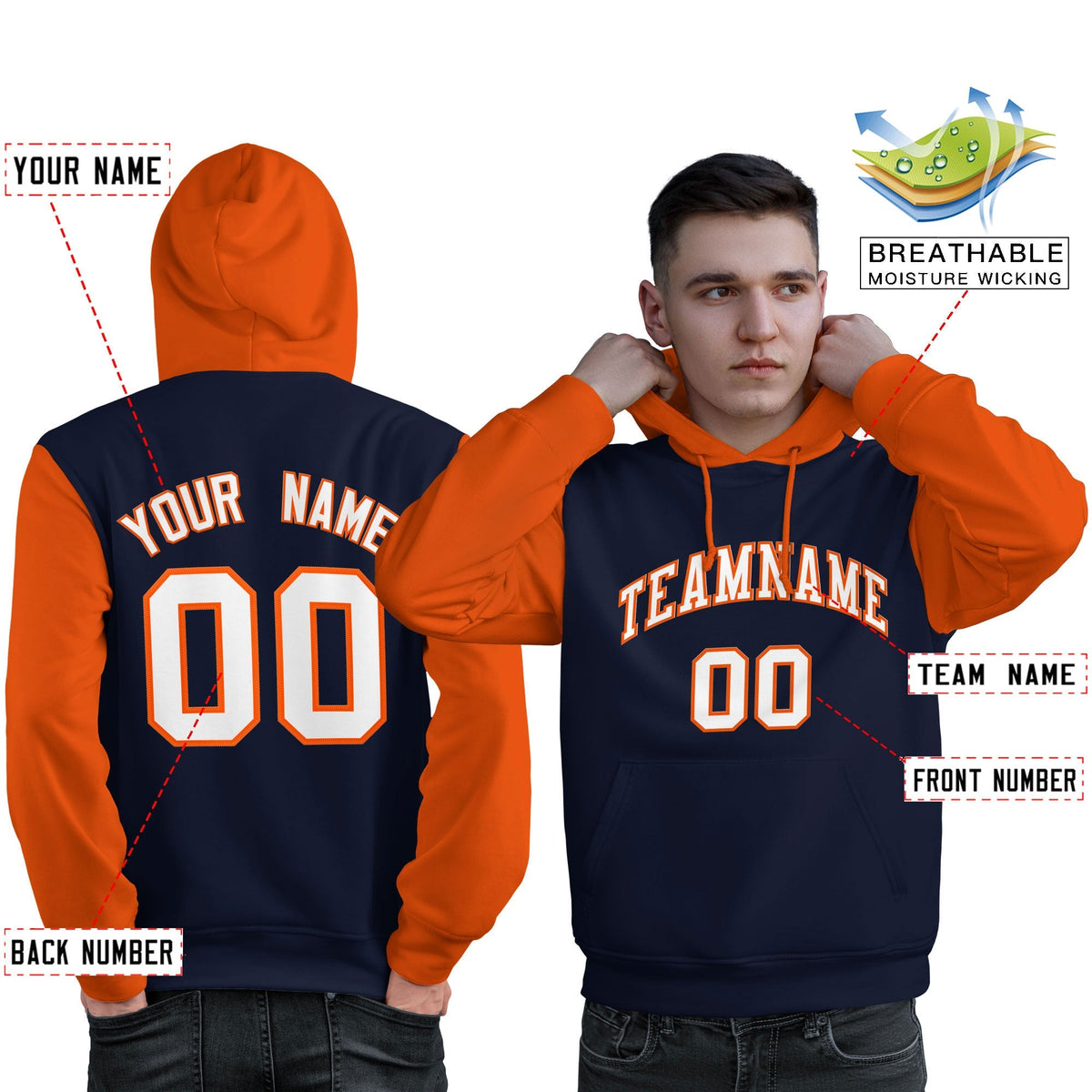 Custom Navy White-Orange Raglan Sleeves Pullover Personalized Sweatshirt Hoodie| KXKSHOP