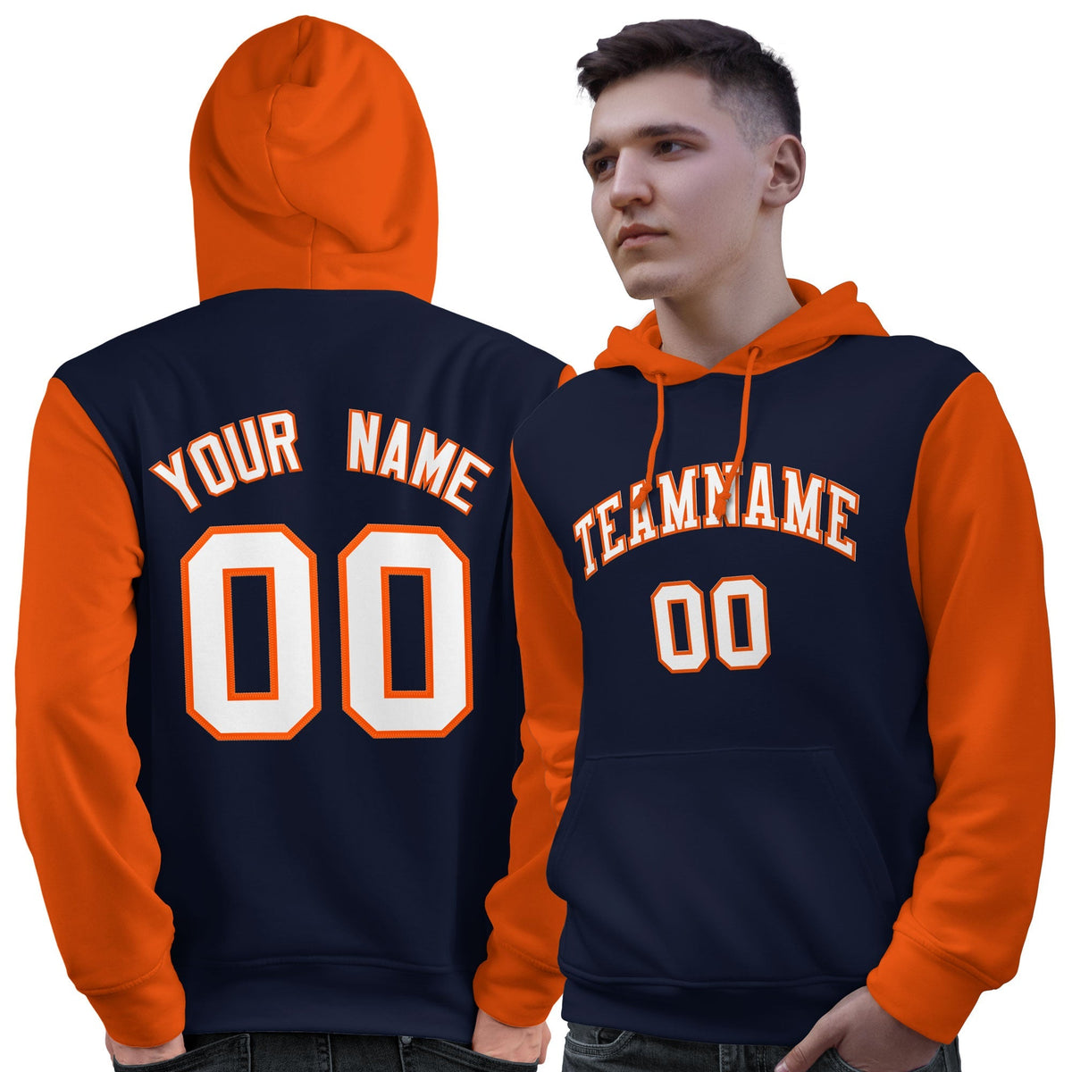 Custom Navy White-Orange Raglan Sleeves Pullover Personalized Sweatshirt Hoodie| KXKSHOP