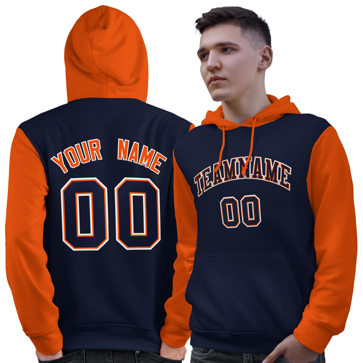 Custom Navy Orange-White Raglan Sleeves Pullover Personalized Sweatshirt Hoodie| KXKSHOP
