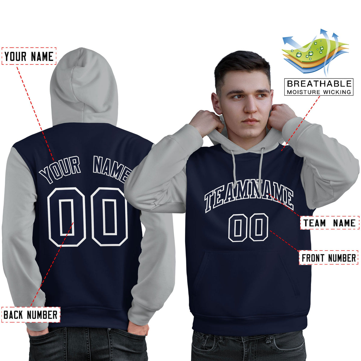 Custom Navy White-Gray Raglan Sleeves Pullover Personalized Sweatshirt Hoodie| KXKSHOP