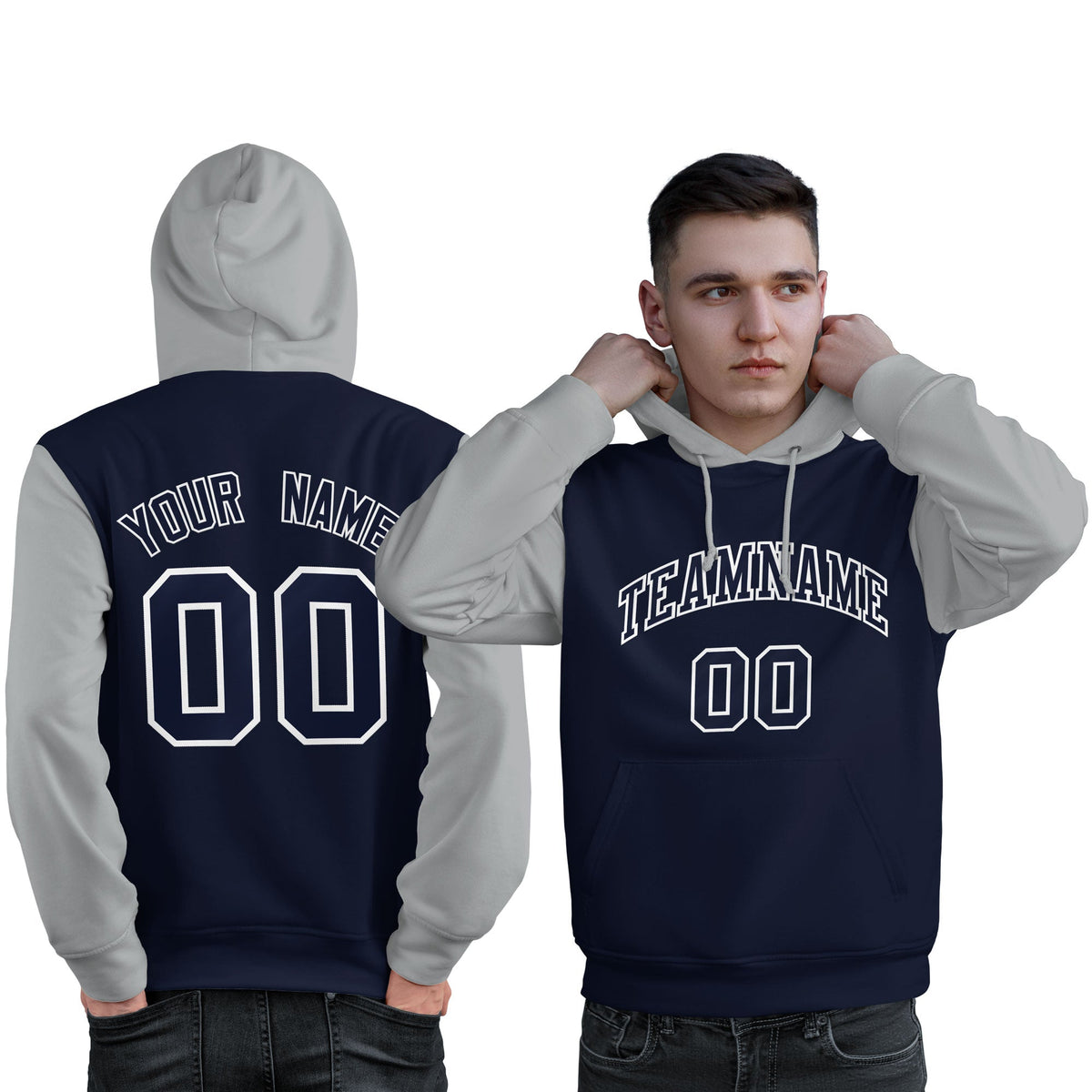 Custom Navy White-Gray Raglan Sleeves Pullover Personalized Sweatshirt Hoodie| KXKSHOP