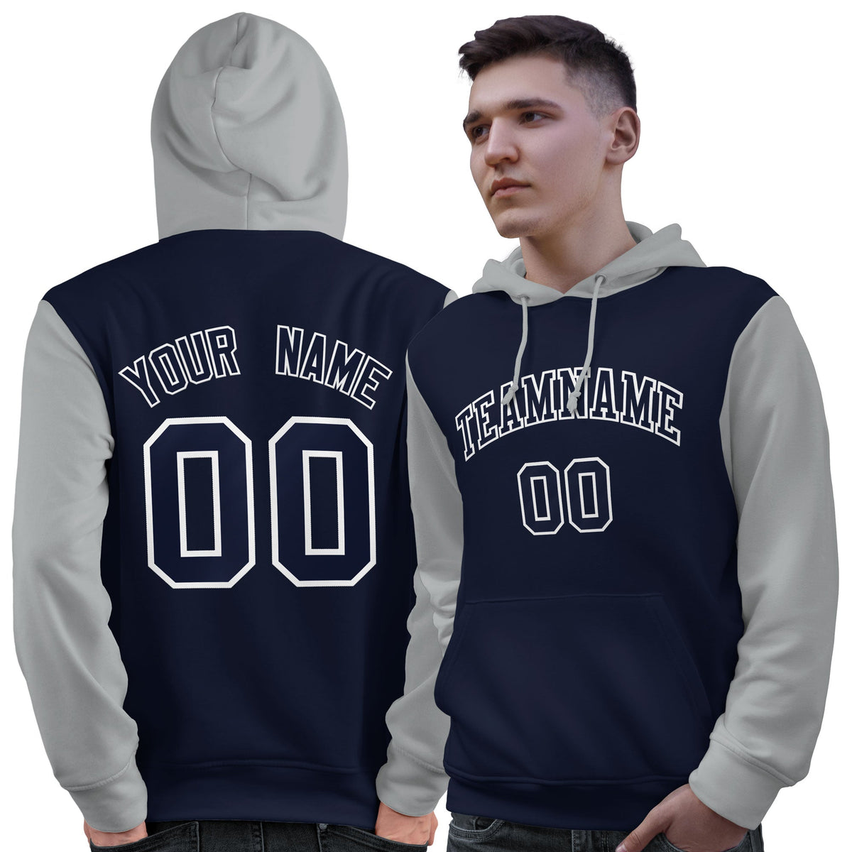 Custom Navy White-Gray Raglan Sleeves Pullover Personalized Sweatshirt Hoodie| KXKSHOP