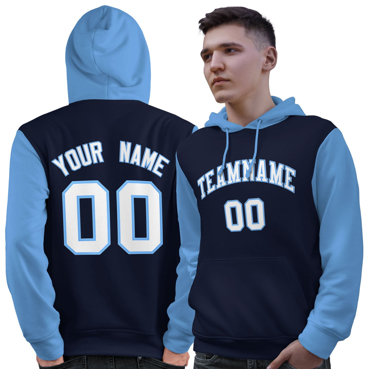 Custom Navy White-Light Blue Raglan Sleeves Pullover Personalized Sweatshirt Hoodie| KXKSHOP