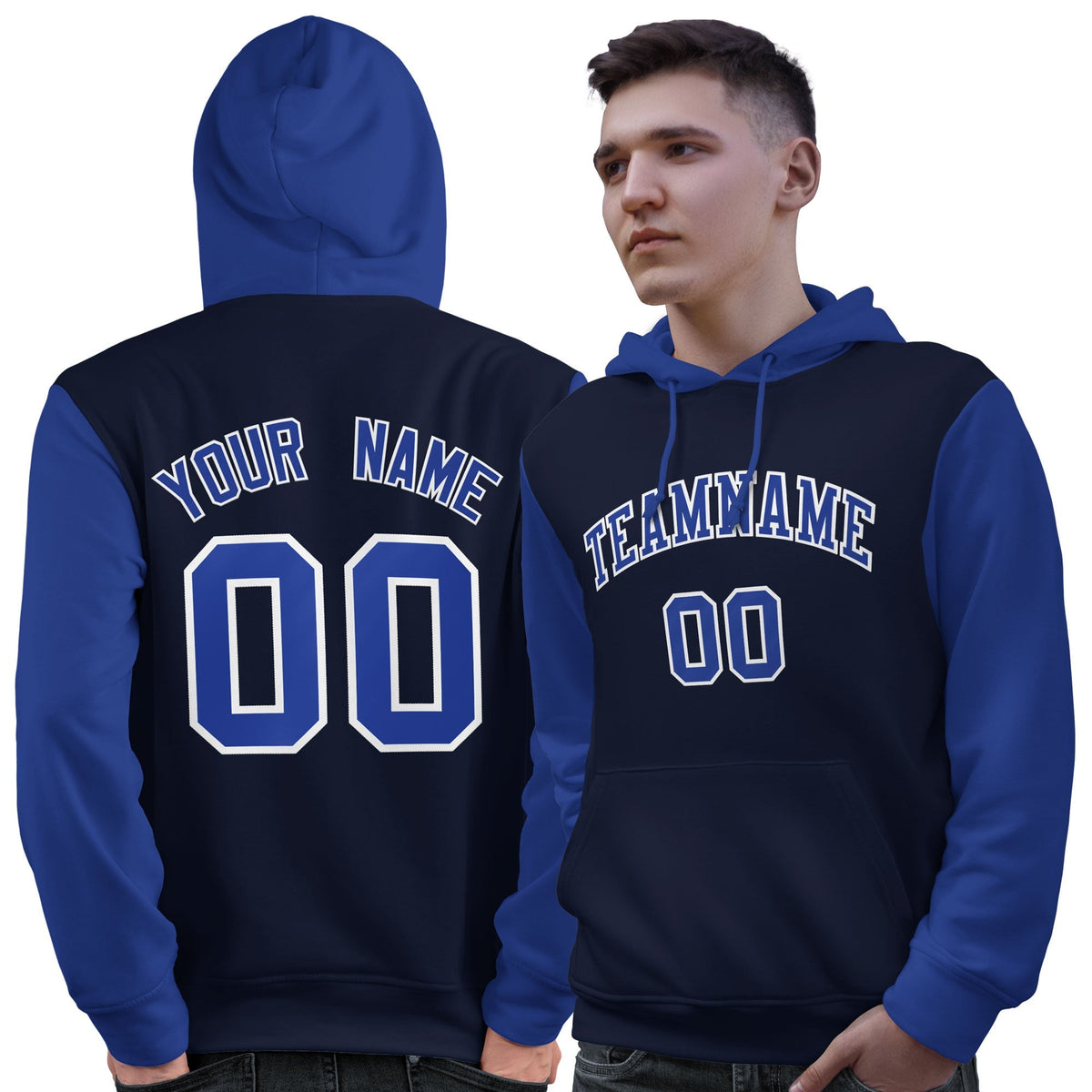 Custom Navy Royal-White Raglan Sleeves Pullover Personalized Sweatshirt Hoodie| KXKSHOP