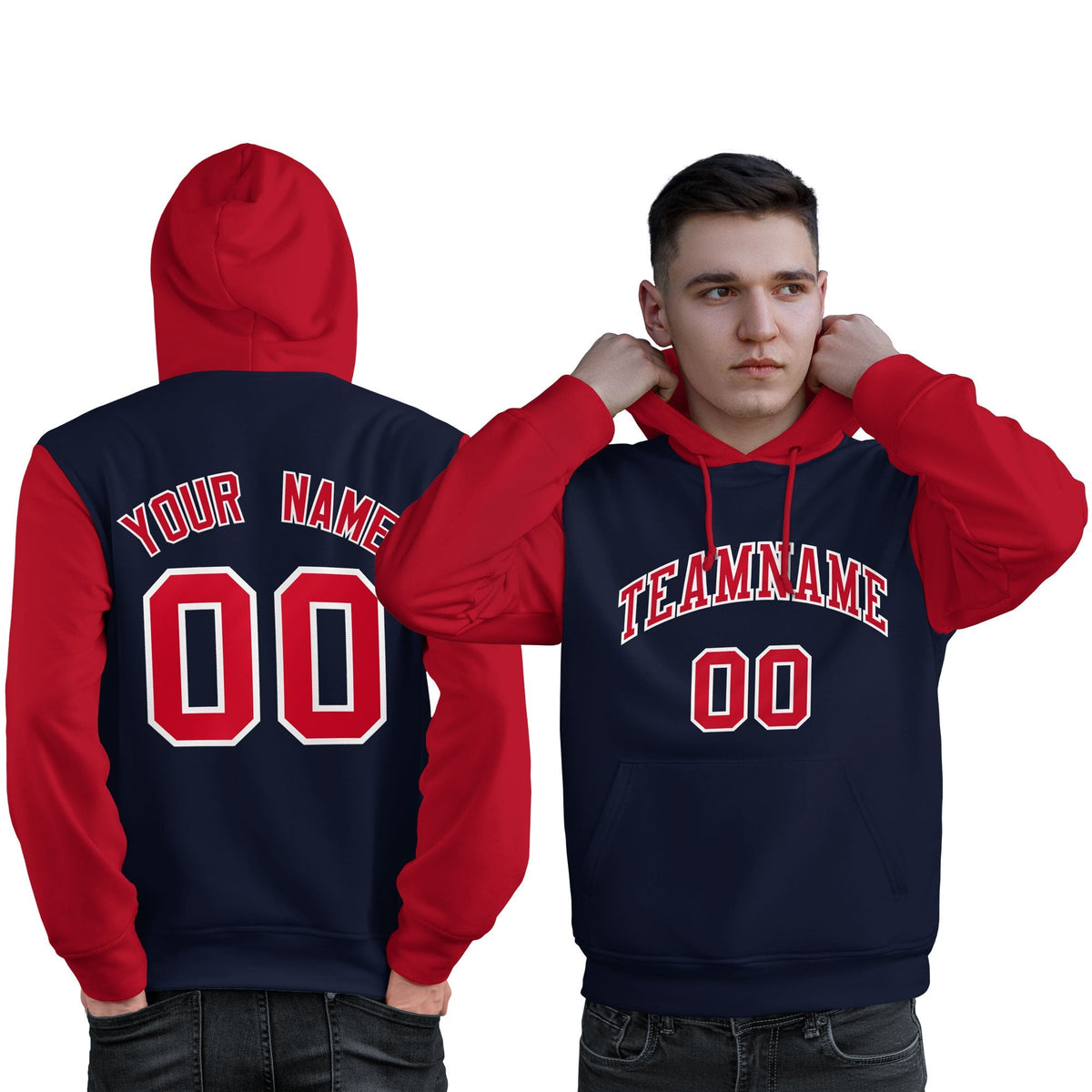 Custom Navy Red-White Raglan Sleeves Pullover Personalized Sweatshirt Hoodie| KXKSHOP