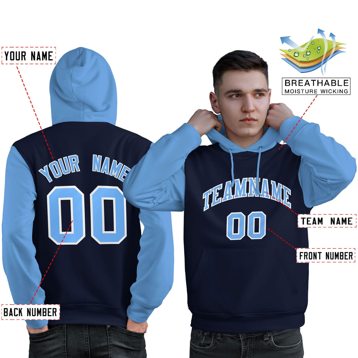 Custom Navy Lt Blue-White Raglan Sleeves Pullover Personalized Sweatshirt Hoodie| KXKSHOP