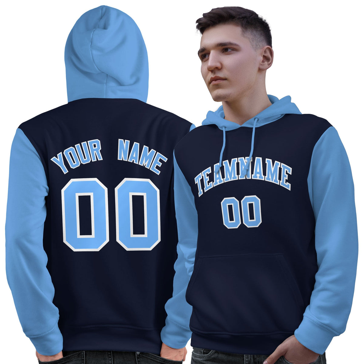 Custom Navy Lt Blue-White Raglan Sleeves Pullover Personalized Sweatshirt Hoodie| KXKSHOP