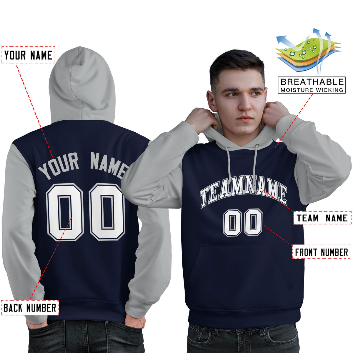 Custom Navy White-Gray Raglan Sleeves Pullover Personalized Sweatshirt Hoodie| KXKSHOP