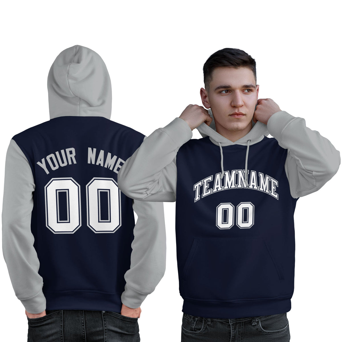 Custom Navy White-Gray Raglan Sleeves Pullover Personalized Sweatshirt Hoodie| KXKSHOP