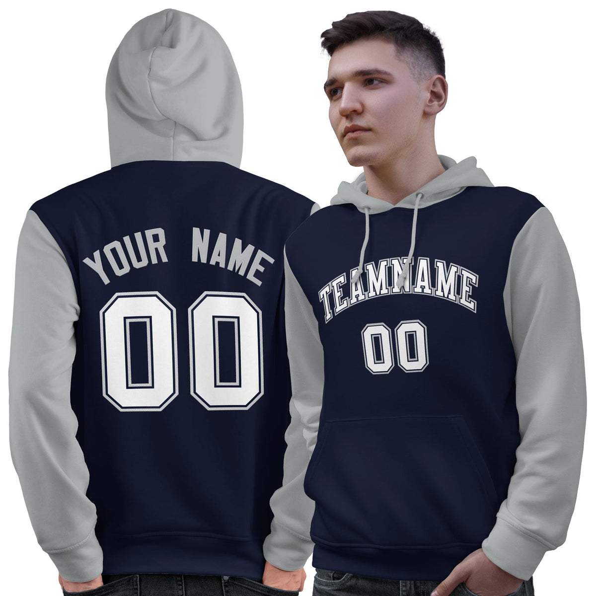 Custom Navy White-Gray Raglan Sleeves Pullover Personalized Sweatshirt Hoodie| KXKSHOP