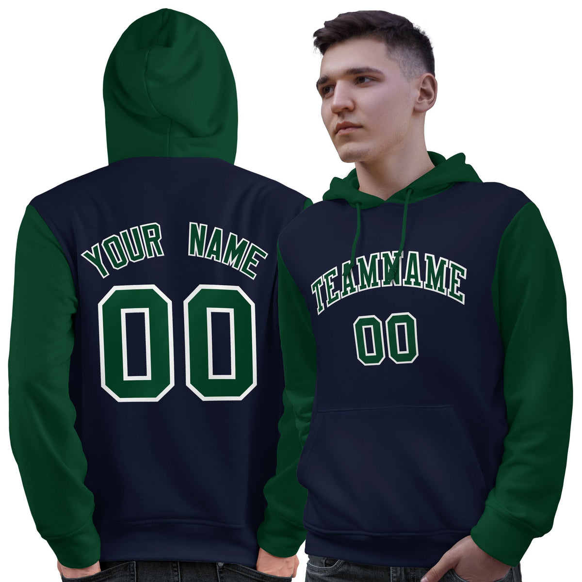 Custom Navy Green-White Raglan Sleeves Pullover Personalized Sweatshirt Hoodie| KXKSHOP