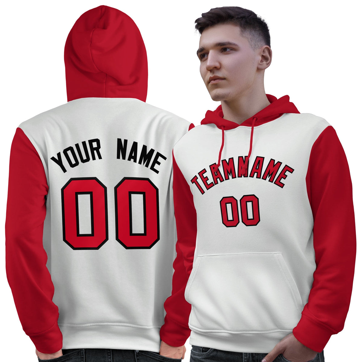 Custom White Red-Black Raglan Sleeves Pullover Personalized Sweatshirt Hoodie| KXKSHOP