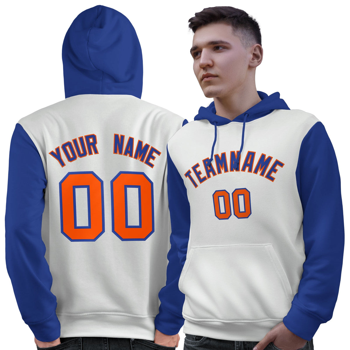Custom White Royal-Orange Raglan Sleeves Pullover Personalized Sweatshirt Hoodie| KXKSHOP