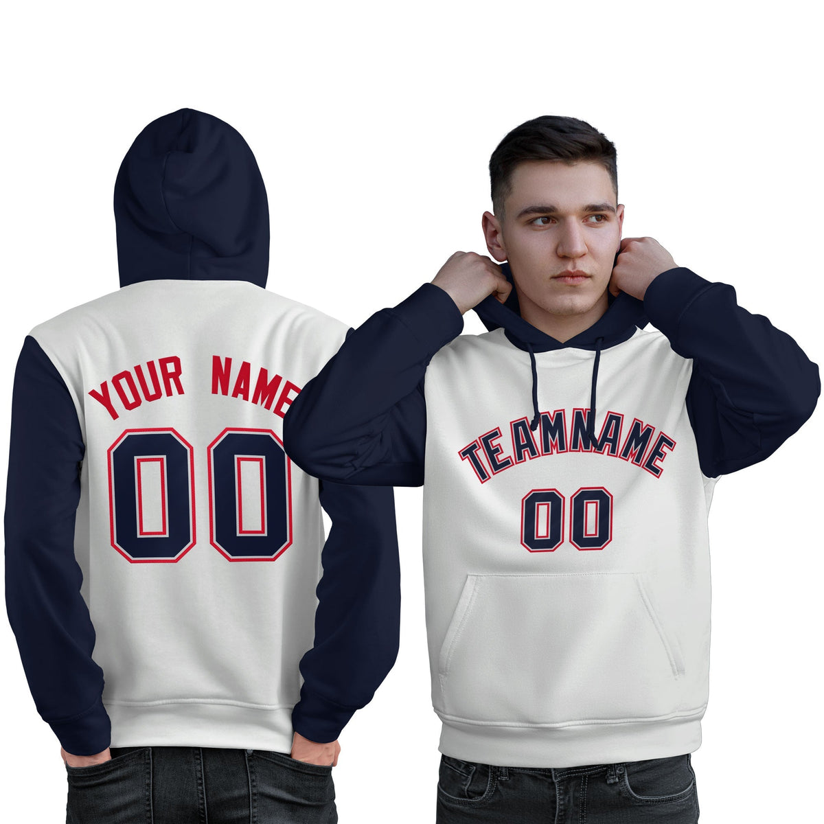 Custom White Navy-Red Raglan Sleeves Pullover Personalized Sweatshirt Hoodie| KXKSHOP