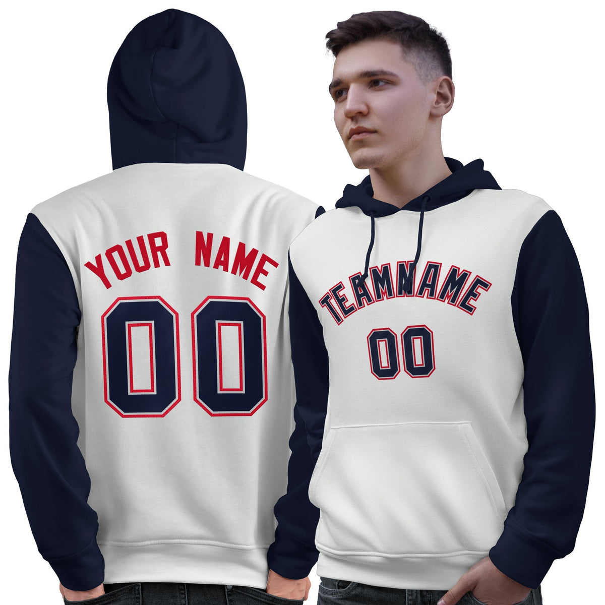 Custom White Navy-Red Raglan Sleeves Pullover Personalized Sweatshirt Hoodie| KXKSHOP