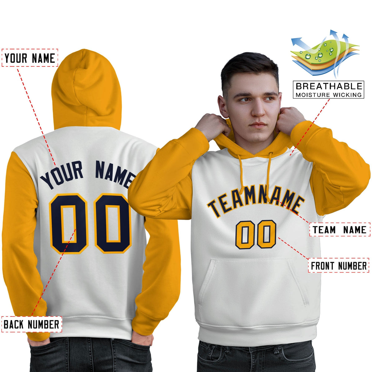 Custom White Navy-Gold Raglan Sleeves Pullover Personalized Sweatshirt Hoodie| KXKSHOP
