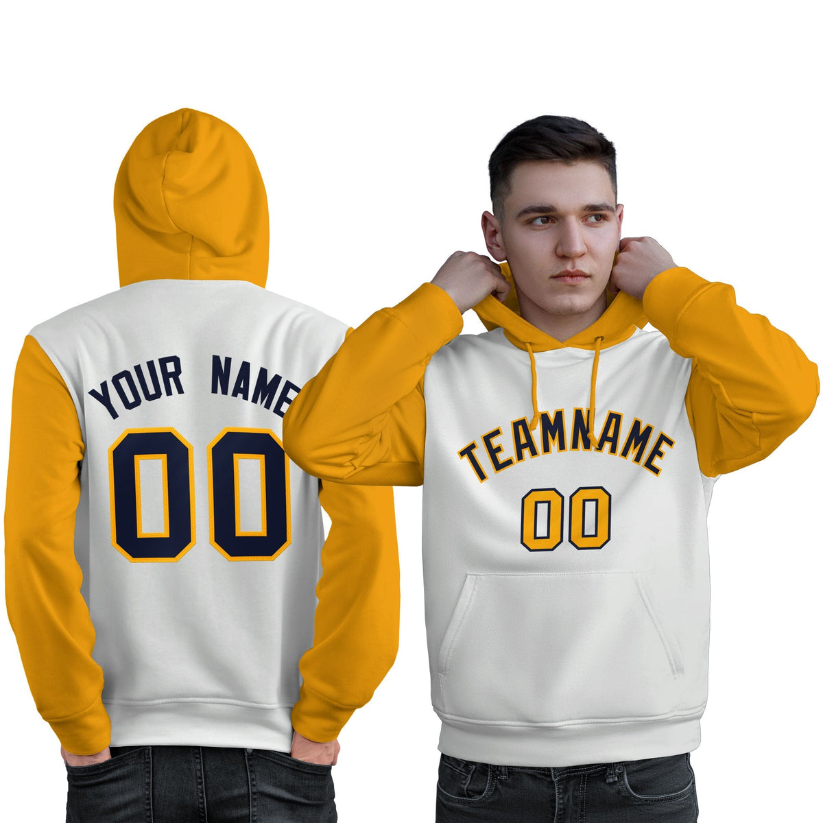 Custom White Navy-Gold Raglan Sleeves Pullover Personalized Sweatshirt Hoodie| KXKSHOP