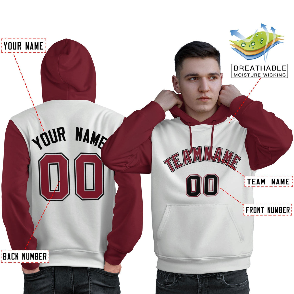 Custom White Crimson-Black Raglan Sleeves Pullover Personalized Sweatshirt Hoodie| KXKSHOP