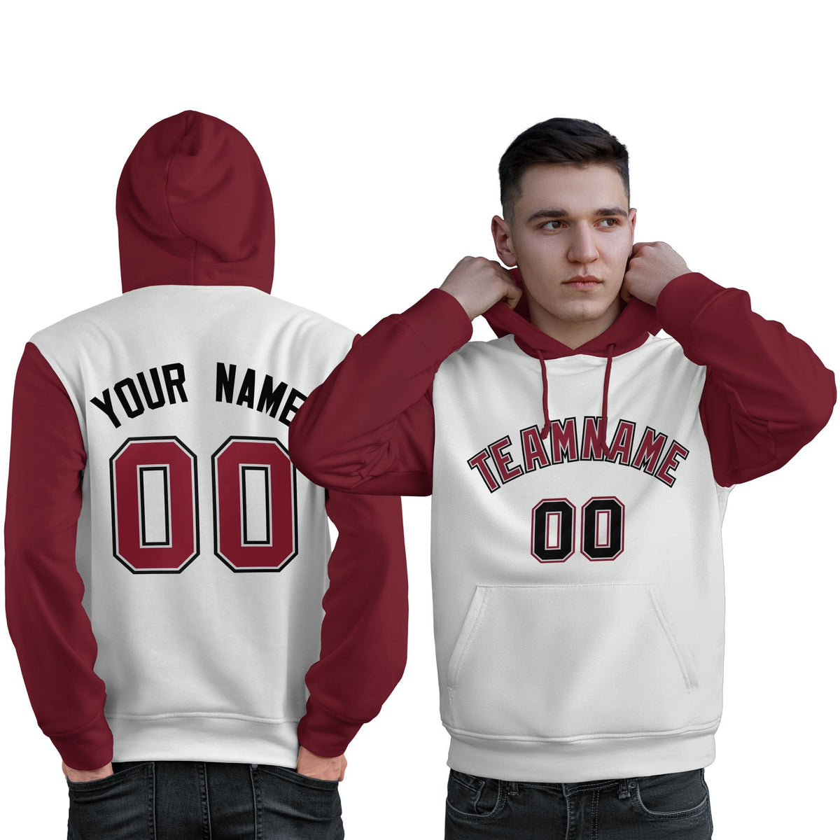 Custom White Crimson-Black Raglan Sleeves Pullover Personalized Sweatshirt Hoodie| KXKSHOP