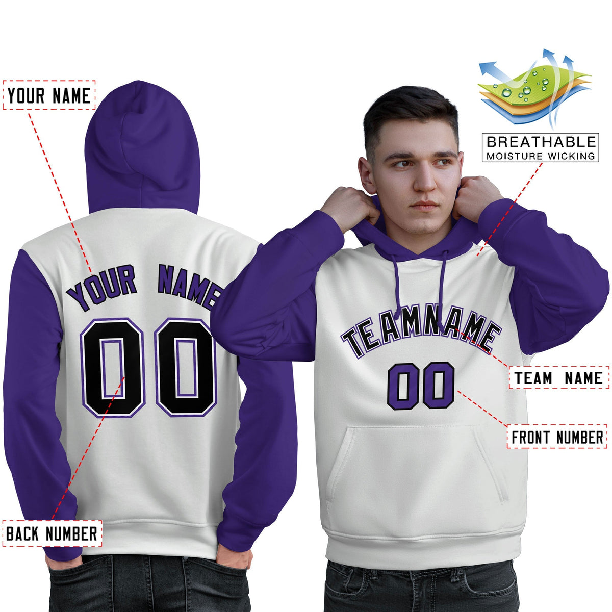 Custom White Black-Purple Raglan Sleeves Pullover Personalized Sweatshirt Hoodie| KXKSHOP