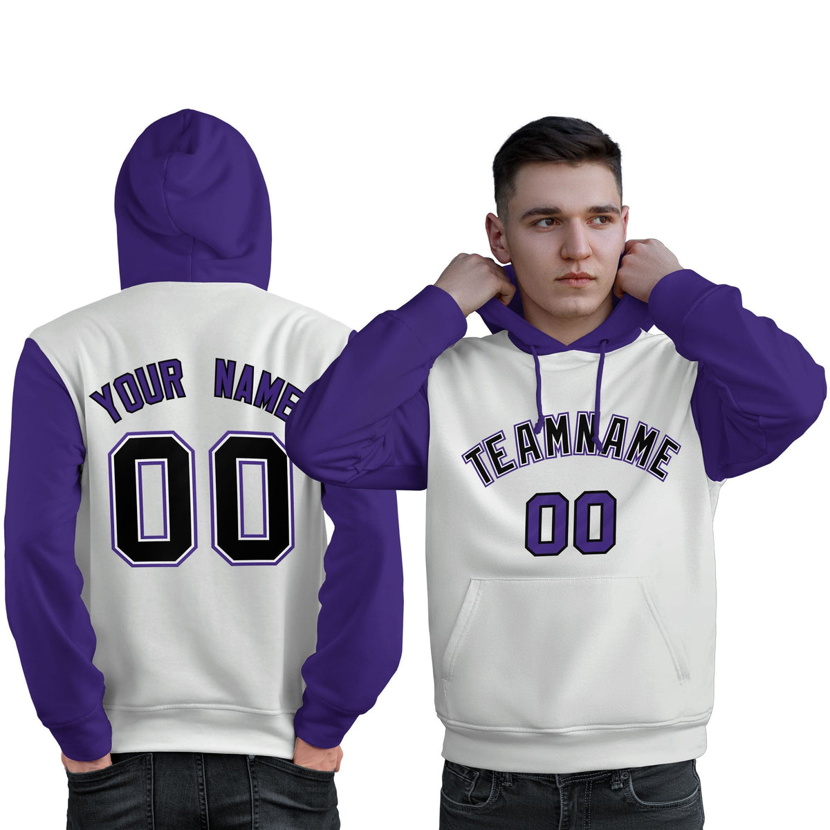 Custom White Black-Purple Raglan Sleeves Pullover Personalized Sweatshirt Hoodie| KXKSHOP