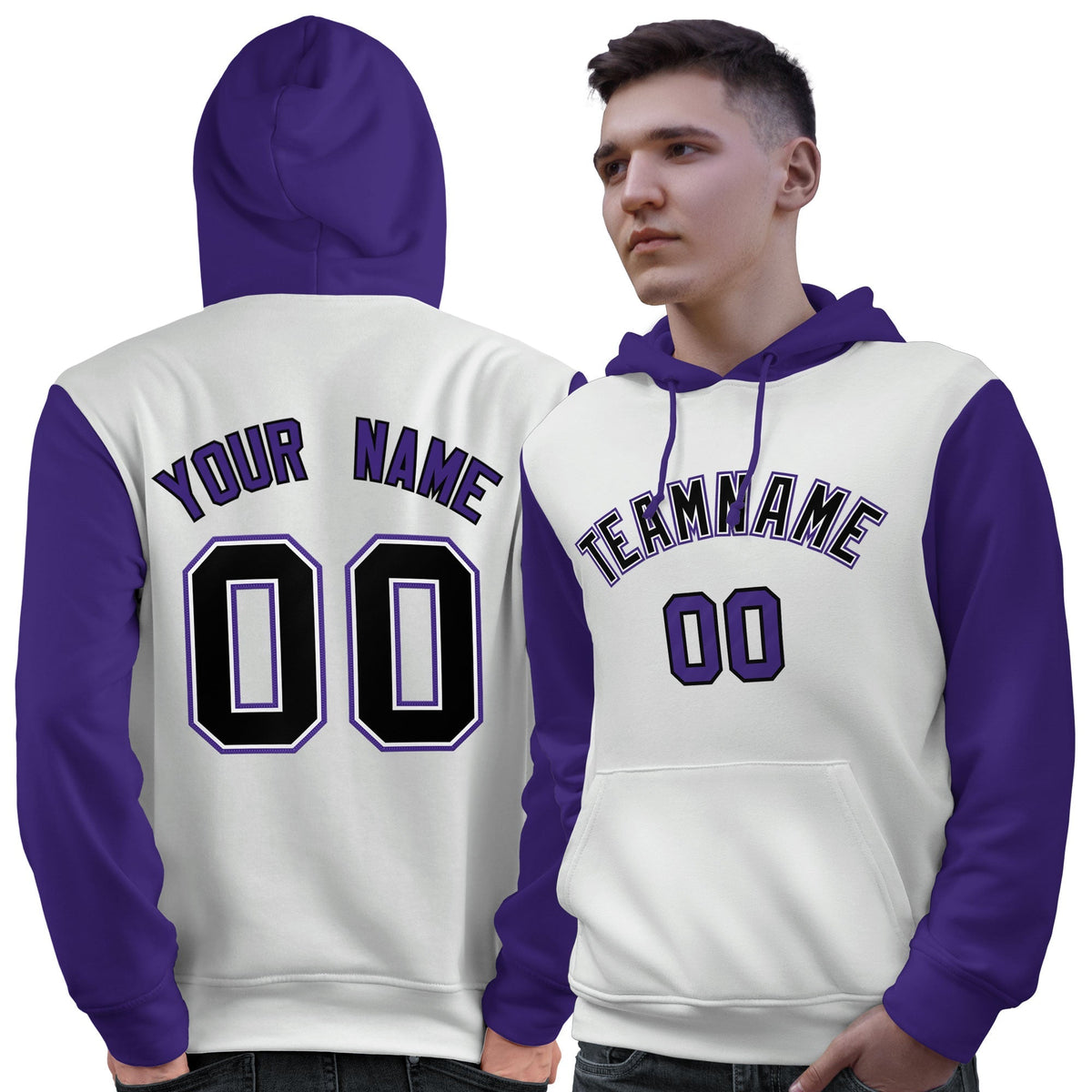 Custom White Black-Purple Raglan Sleeves Pullover Personalized Sweatshirt Hoodie| KXKSHOP