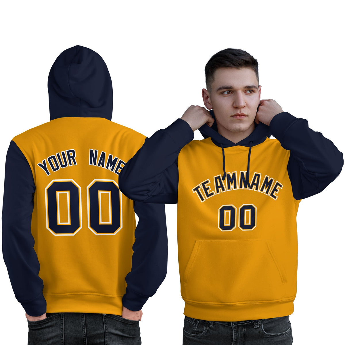 Custom Gold Navy-White Raglan Sleeves Pullover Personalized Sweatshirt Hoodie| KXKSHOP