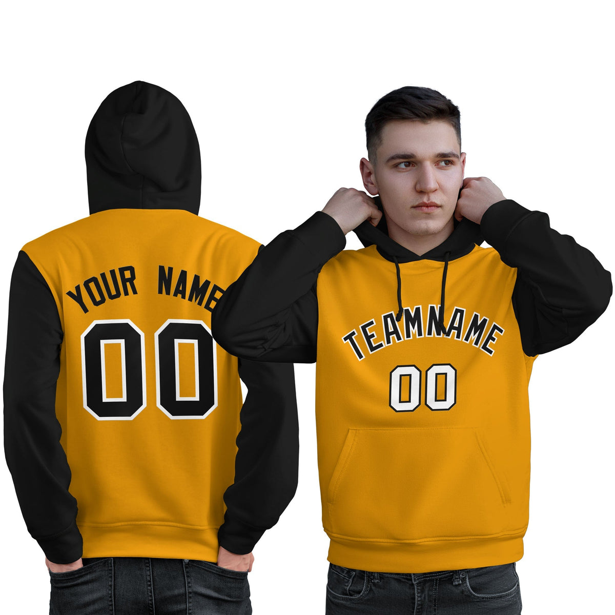 Custom Gold Black-White Raglan Sleeves Pullover Personalized Sweatshirt Hoodie| KXKSHOP