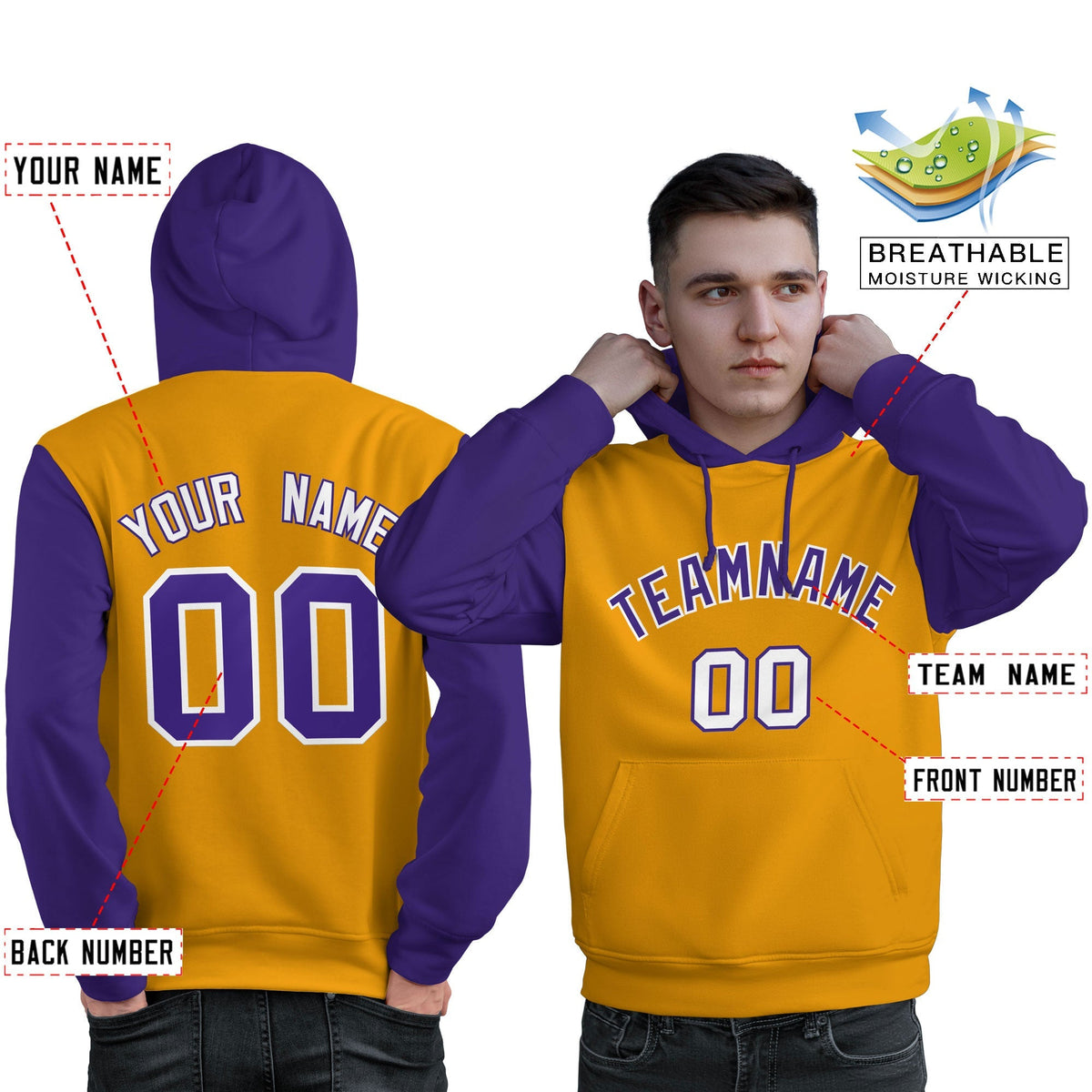 Custom Gold Purple-White Raglan Sleeves Pullover Personalized Sweatshirt Hoodie| KXKSHOP