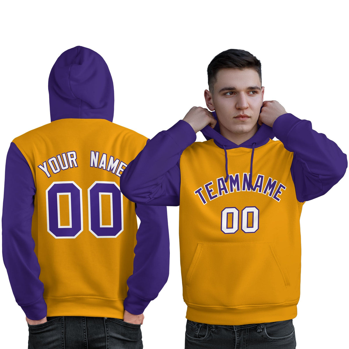 Custom Gold Purple-White Raglan Sleeves Pullover Personalized Sweatshirt Hoodie| KXKSHOP