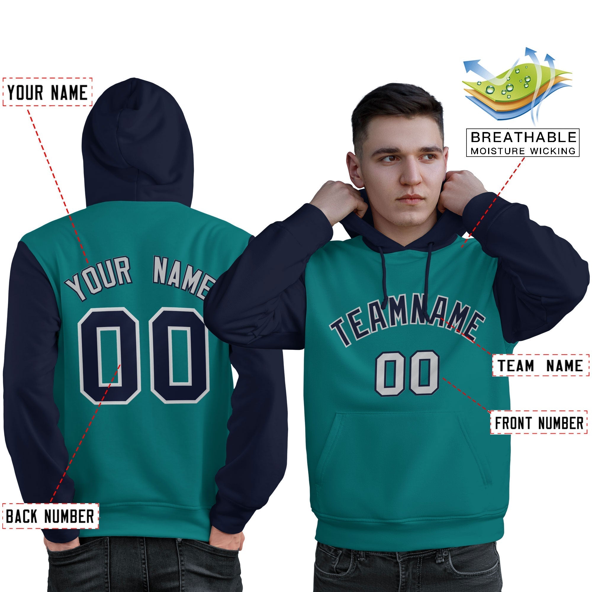 Custom Aqua Navy-Gray Raglan Sleeves Pullover Personalized Sweatshirt Hoodie| KXKSHOP