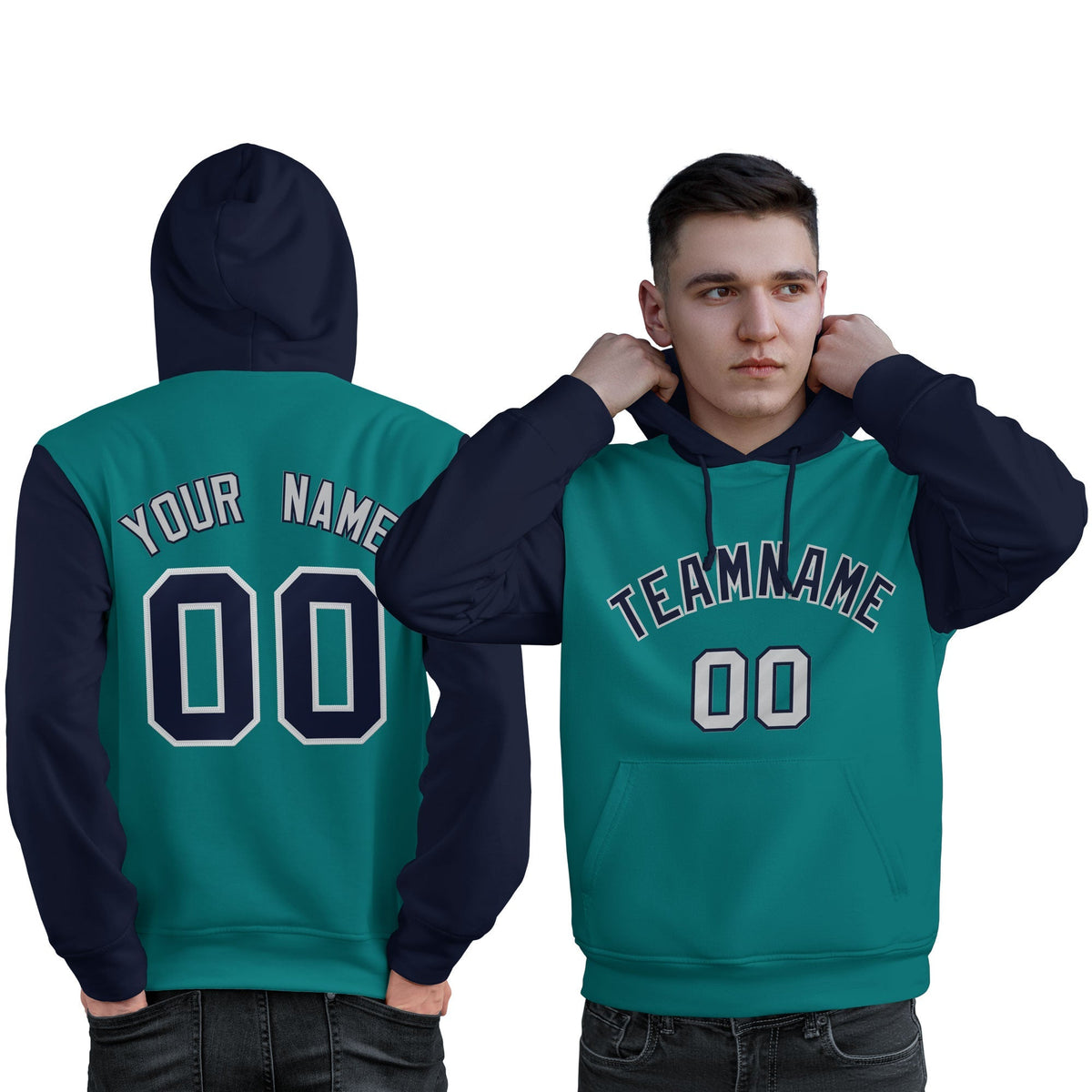 Custom Aqua Navy-Gray Raglan Sleeves Pullover Personalized Sweatshirt Hoodie| KXKSHOP