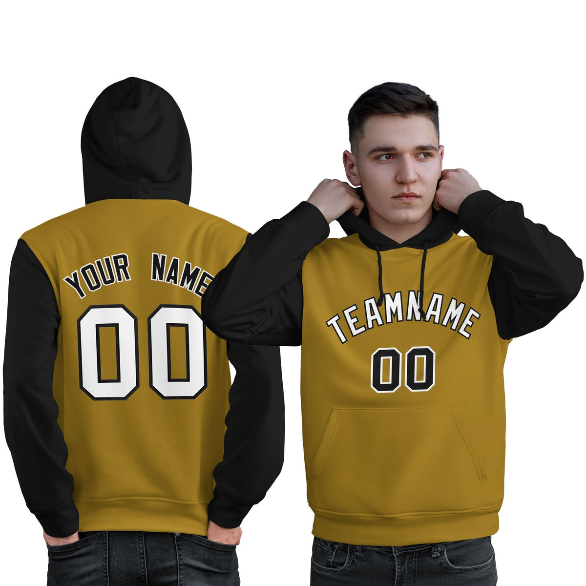 Custom Old Gold White-Black Raglan Sleeves Pullover Personalized Sweatshirt Hoodie| KXKSHOP