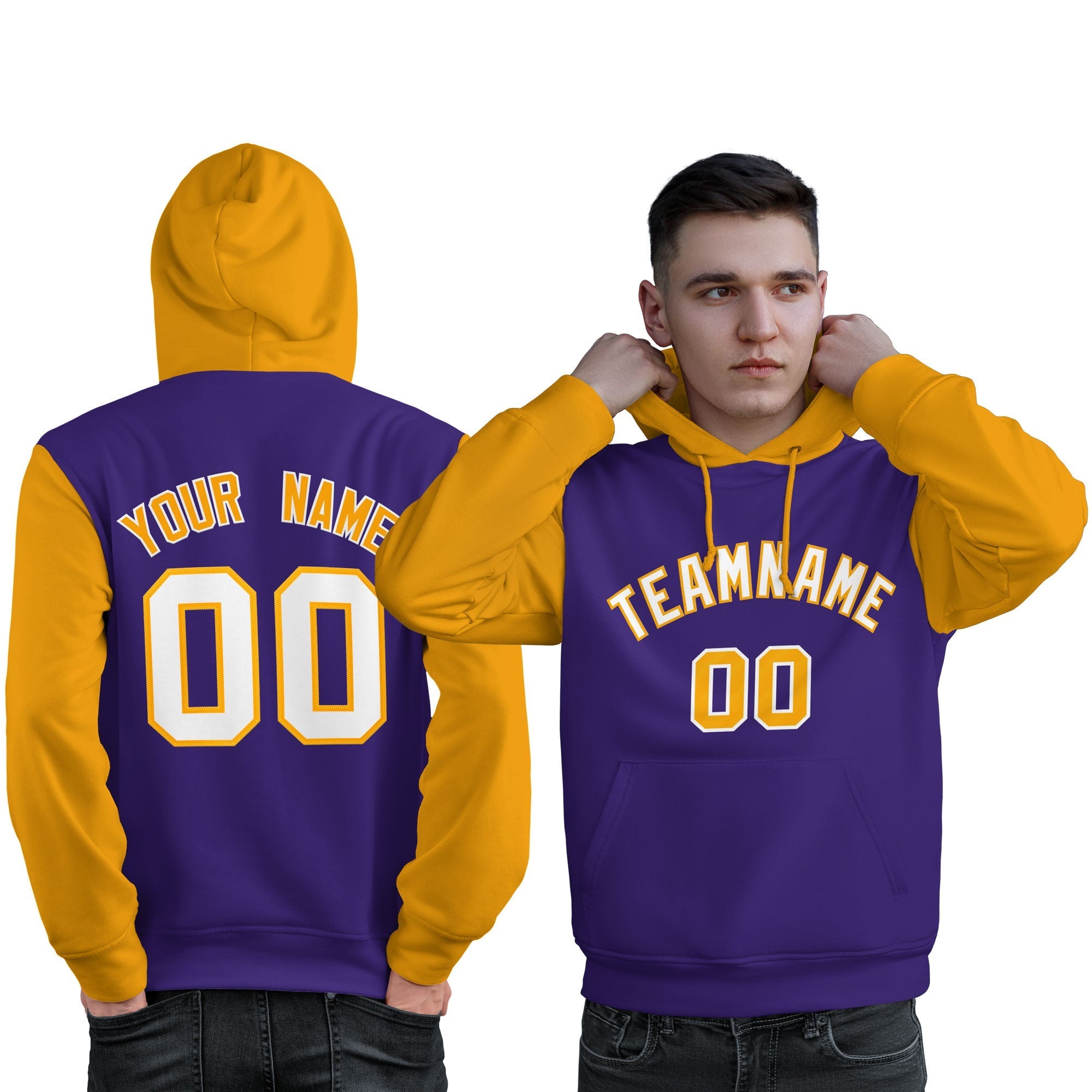 Custom Purple White-Gold Raglan Sleeves Pullover Personalized Sweatshirt Hoodie| KXKSHOP