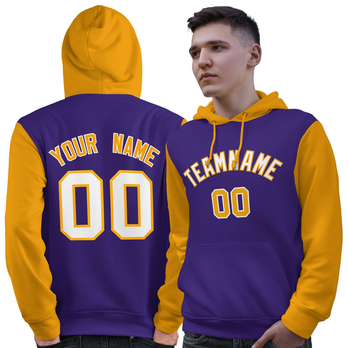 Custom Purple White-Gold Raglan Sleeves Pullover Personalized Sweatshirt Hoodie| KXKSHOP