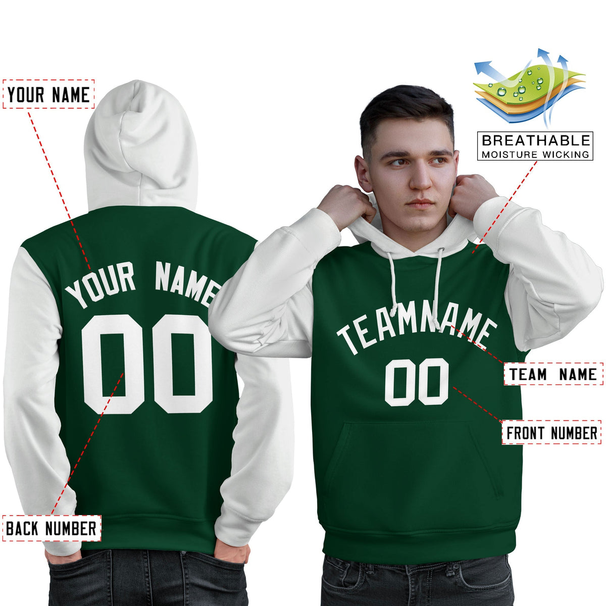 Custom Green White Raglan Sleeves Pullover Personalized Sweatshirt Hoodie| KXKSHOP