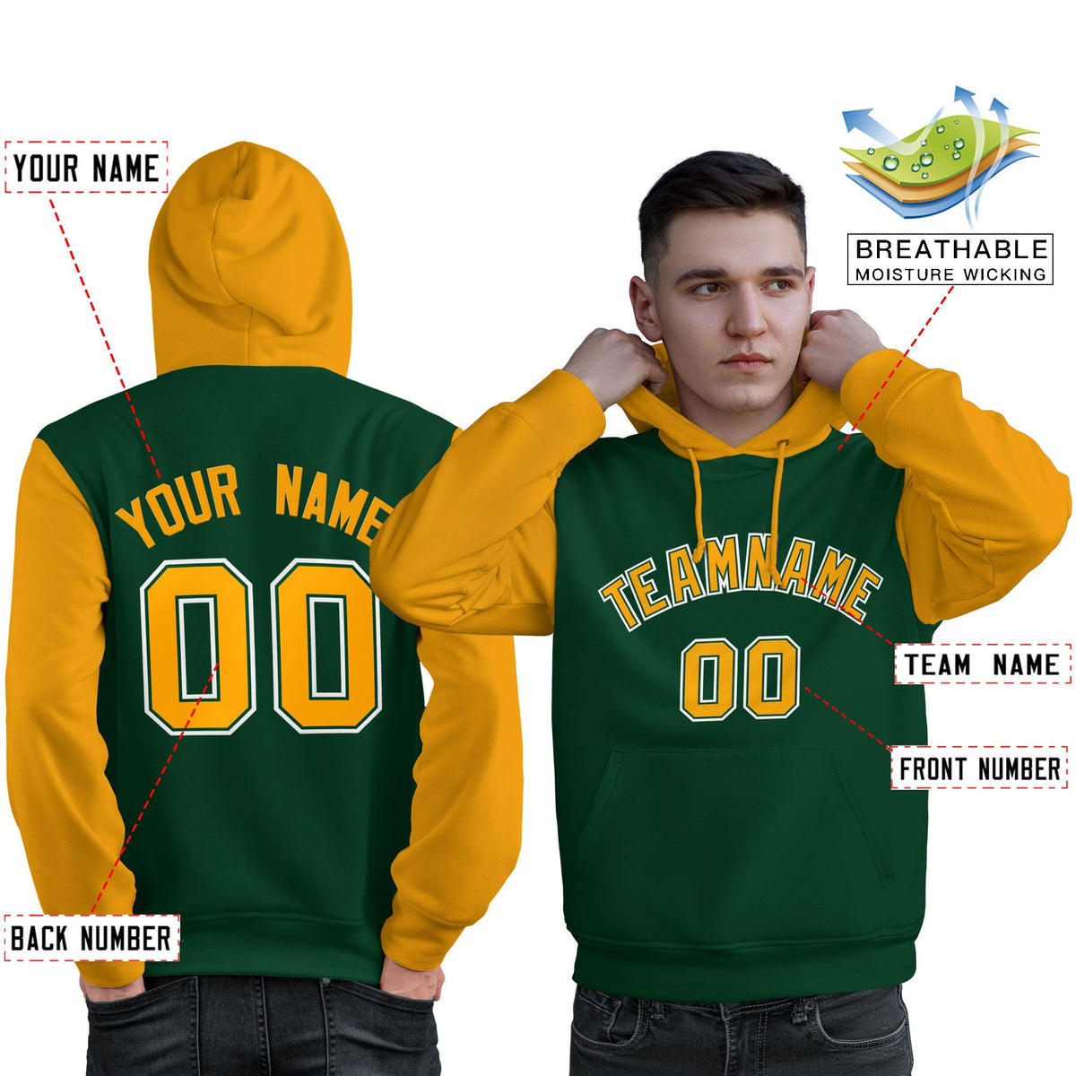 Custom Green Gold-White Raglan Sleeves Pullover Personalized Sweatshirt Hoodie| KXKSHOP