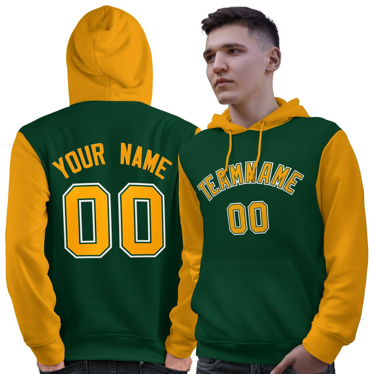 Custom Green Gold-White Raglan Sleeves Pullover Personalized Sweatshirt Hoodie| KXKSHOP