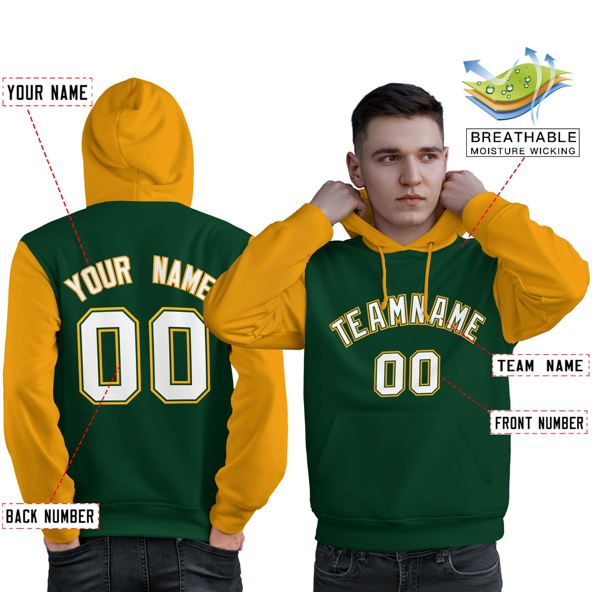 Custom Green White-Gold Raglan Sleeves Pullover Personalized Sweatshirt Hoodie| KXKSHOP