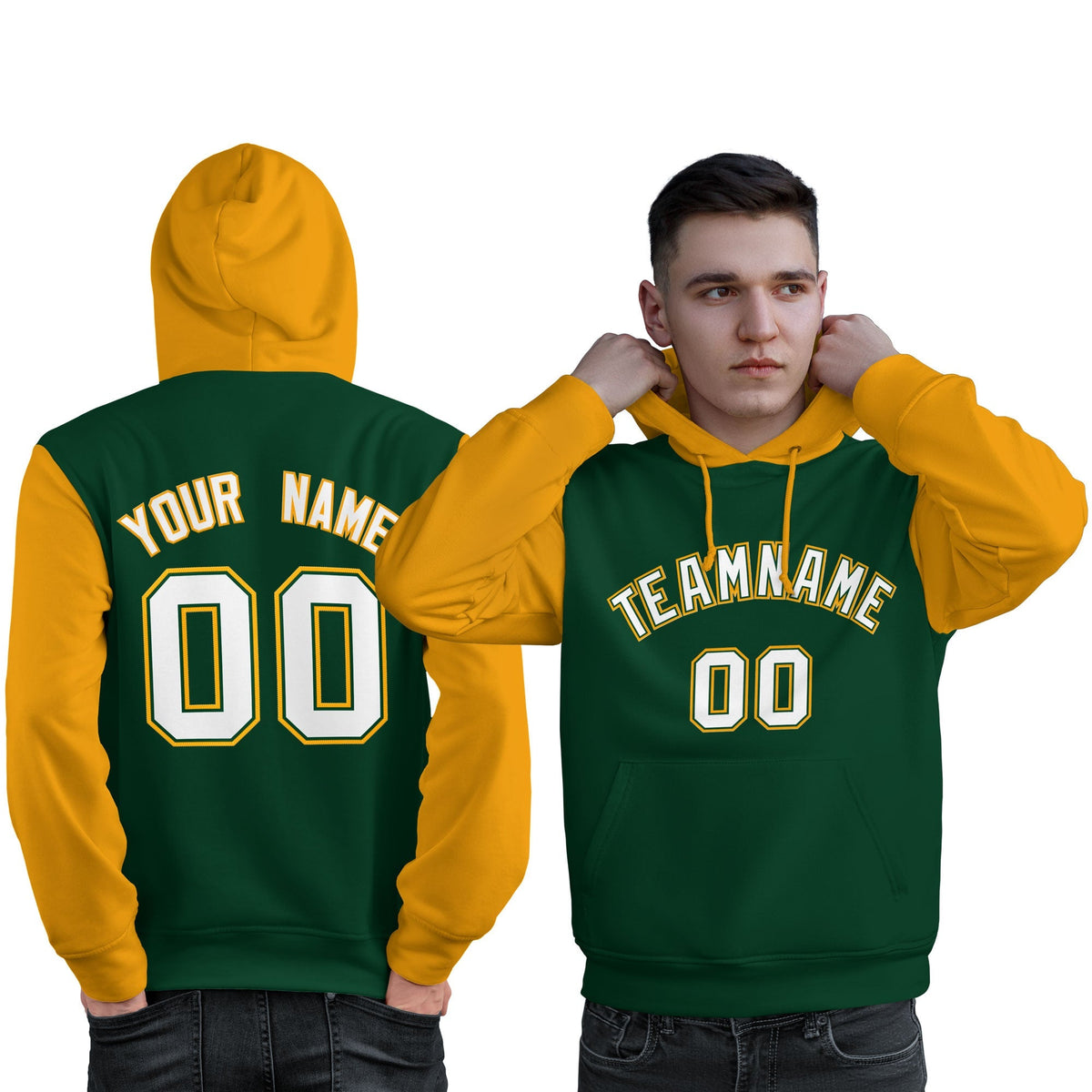 Custom Green White-Gold Raglan Sleeves Pullover Personalized Sweatshirt Hoodie| KXKSHOP