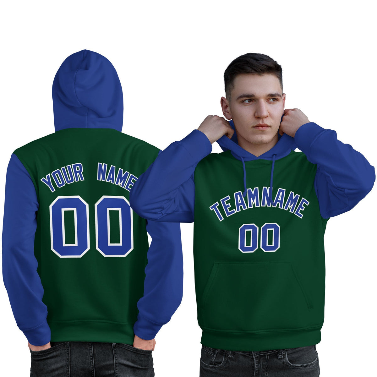 Custom Green Royal-White Raglan Sleeves Pullover Personalized Sweatshirt Hoodie| KXKSHOP