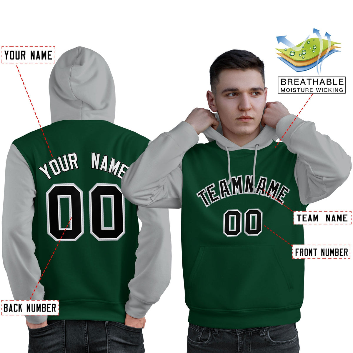 Custom Green Black-Gray Raglan Sleeves Pullover Personalized Sweatshirt Hoodie| KXKSHOP