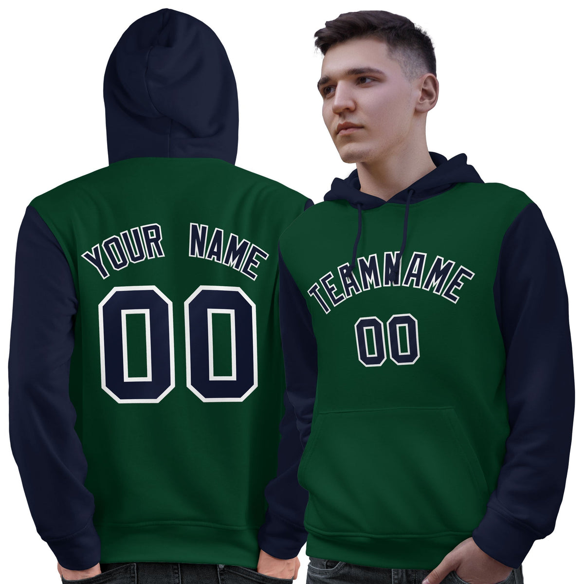 Custom Green Navy-White Raglan Sleeves Pullover Personalized Sweatshirt Hoodie| KXKSHOP