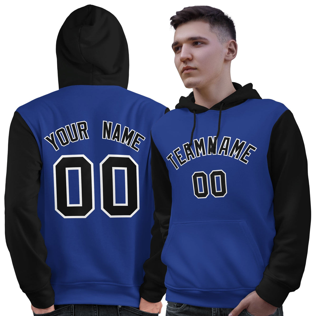 Custom Royal Black-White Raglan Sleeves Pullover Personalized Sweatshirt Hoodie| KXKSHOP