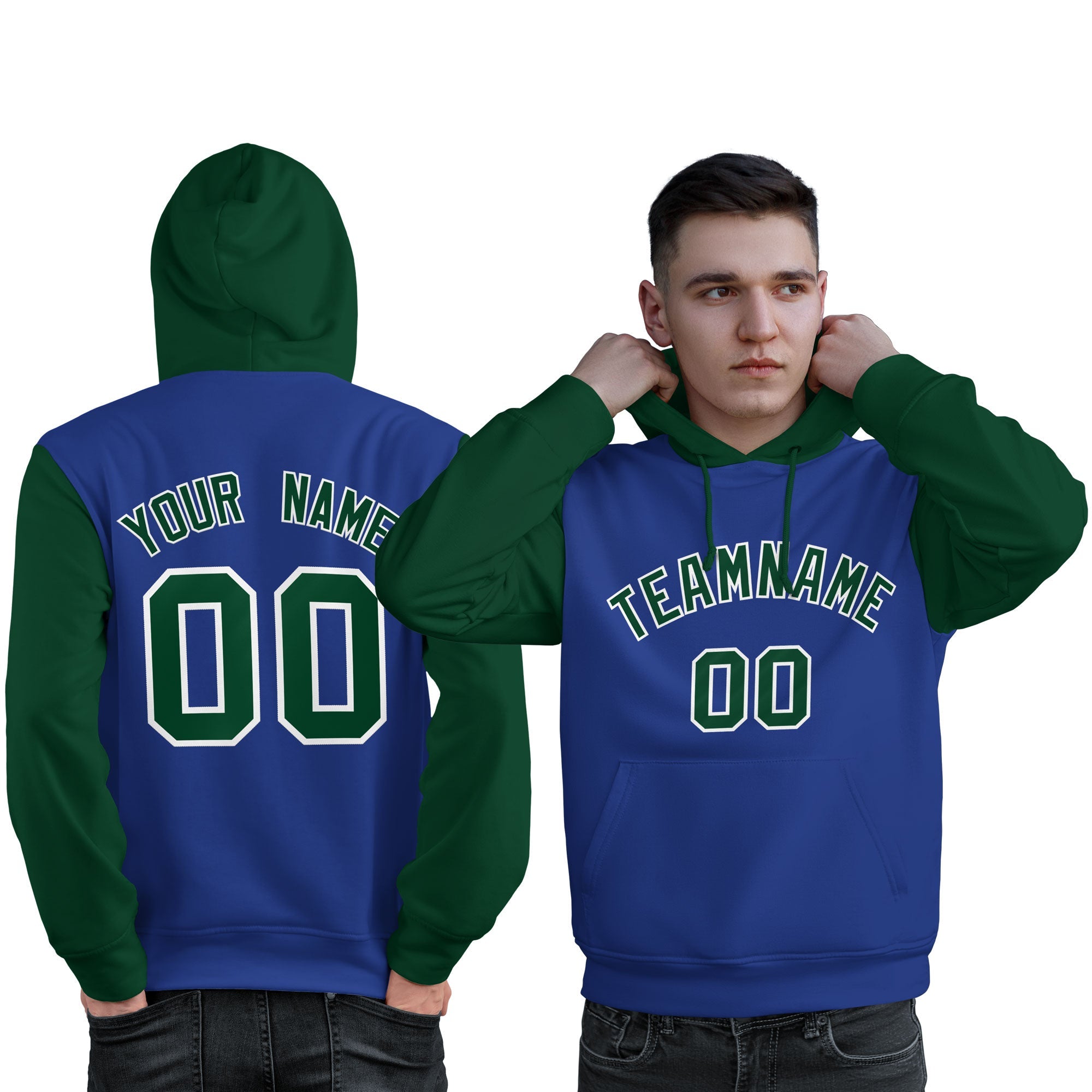 Custom Royal Green-White Raglan Sleeves Pullover Personalized Sweatshirt Hoodie| KXKSHOP