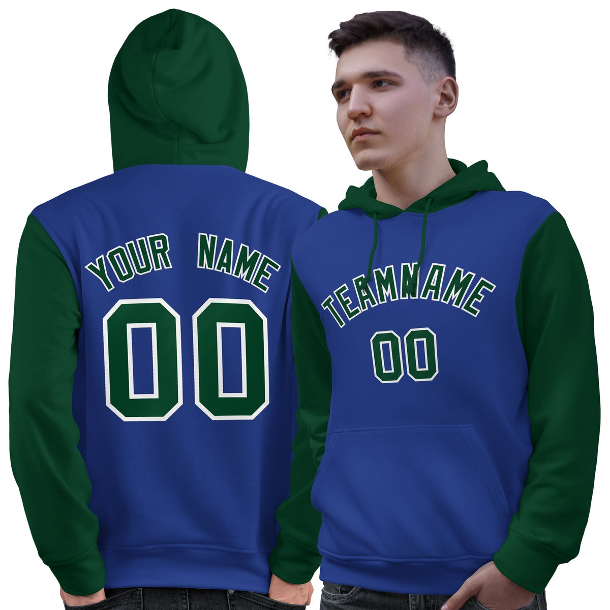 Custom Royal Green-White Raglan Sleeves Pullover Personalized Sweatshirt Hoodie| KXKSHOP