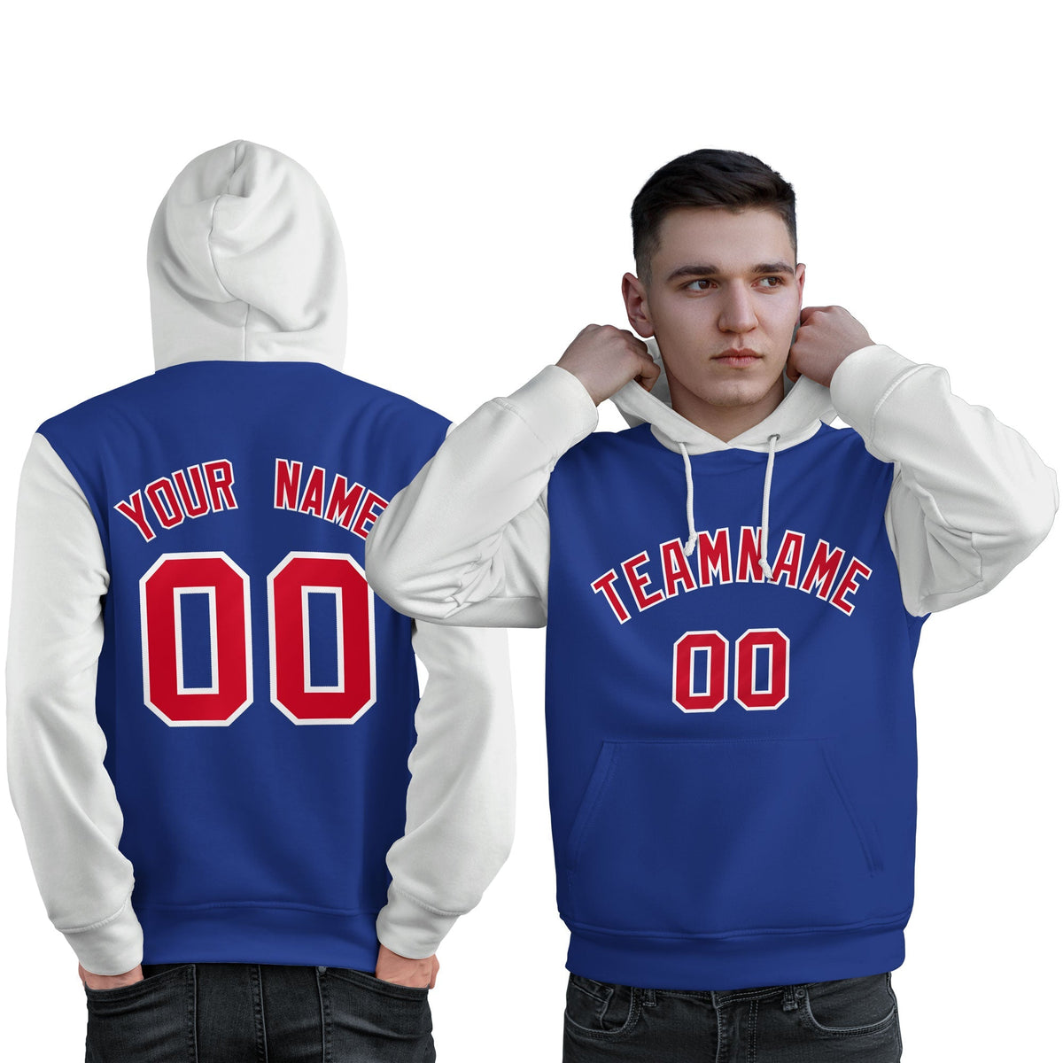 Custom Royal Red-White Raglan Sleeves Pullover Personalized Sweatshirt Hoodie| KXKSHOP