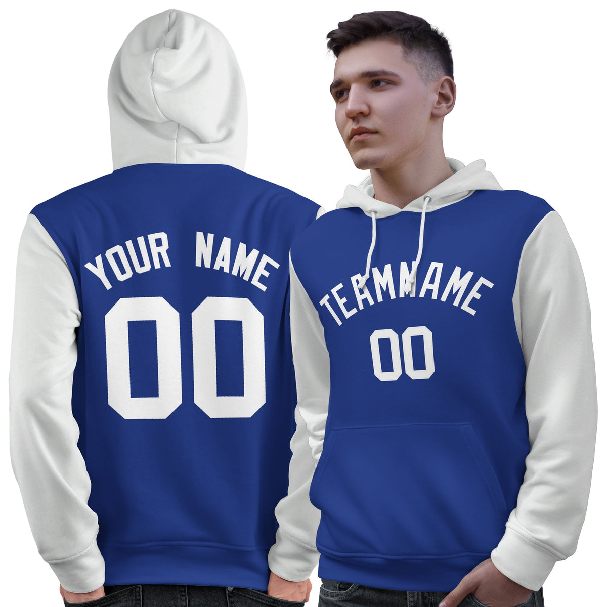 Custom Royal White Raglan Sleeves Pullover Personalized Sweatshirt Hoodie| KXKSHOP